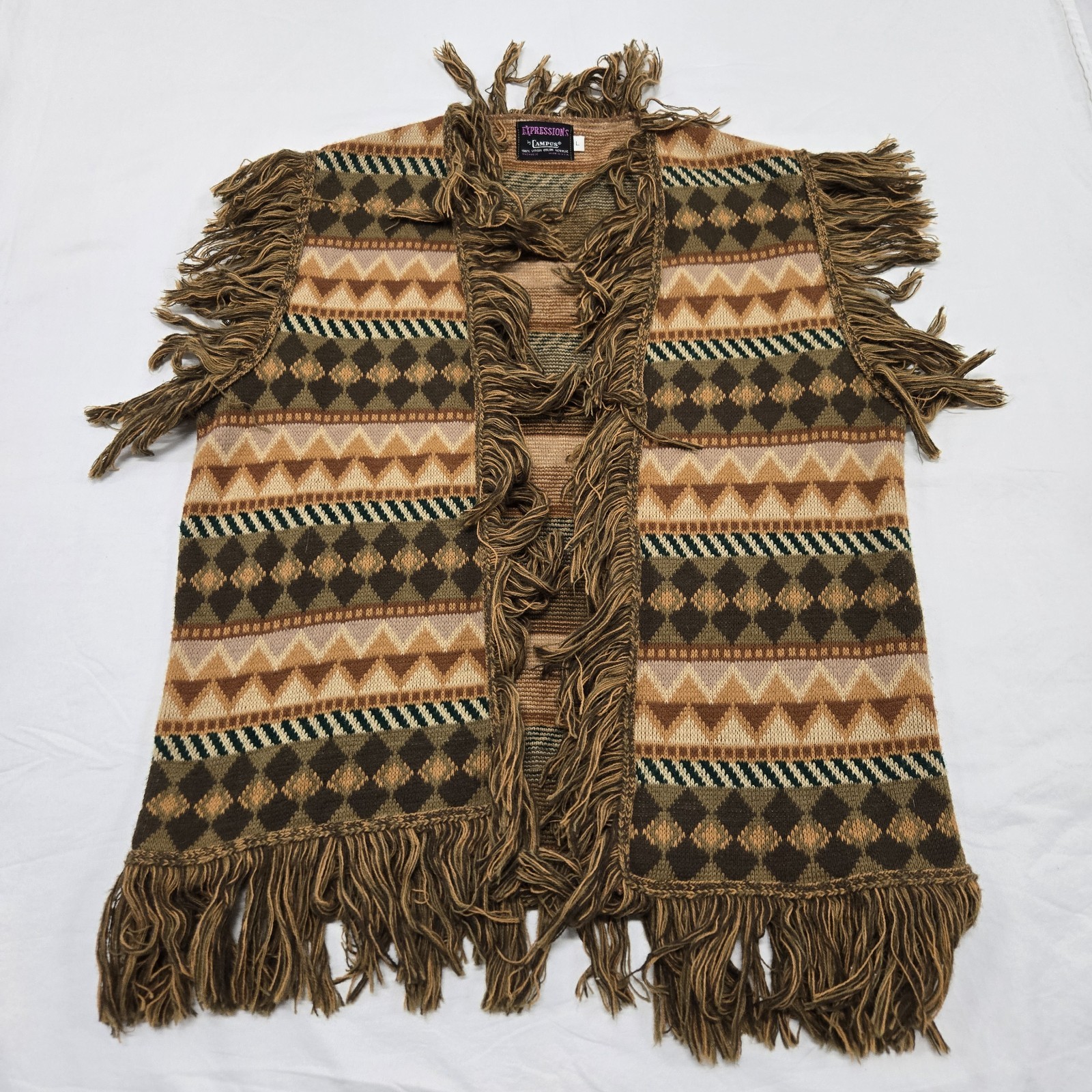 Size L Vintage Sweater Vest Fringe Expressions by Campus 1970s Geometric Stripes