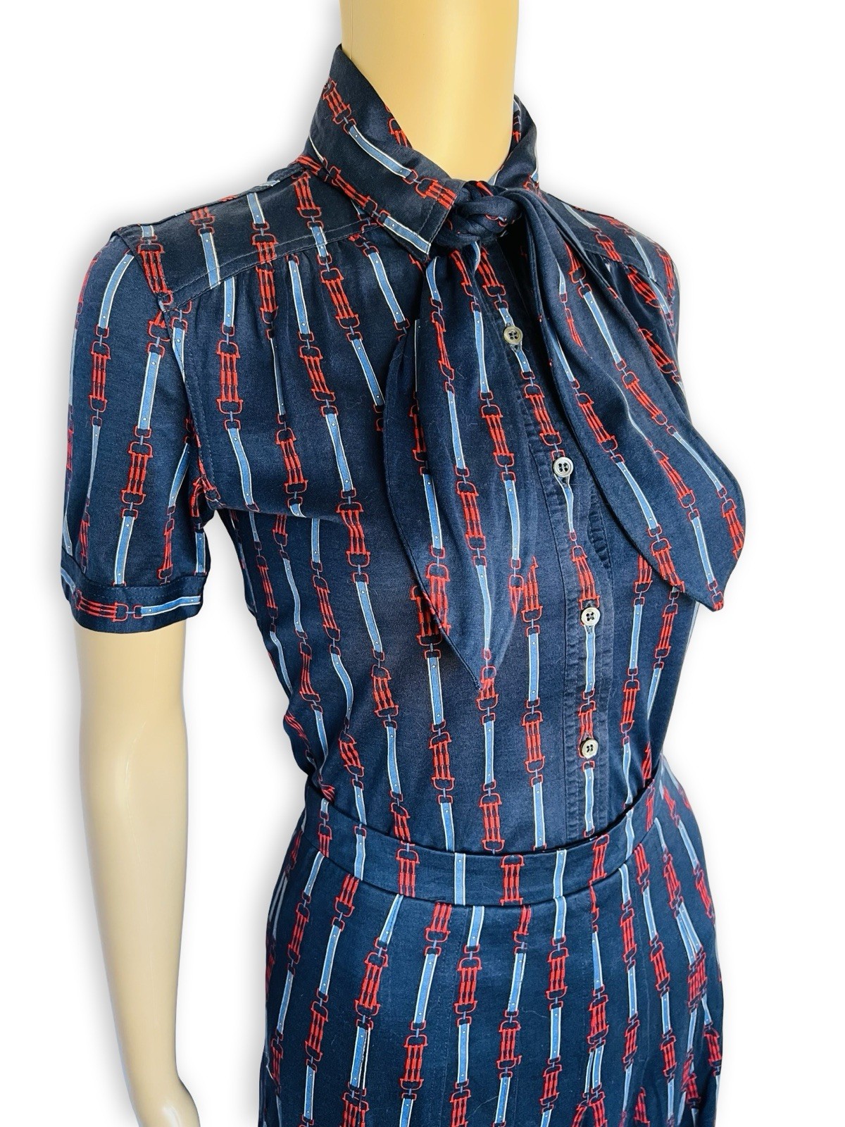 Vintage CÉLINE 1970s Equestrian Print Cotton Dress Two Piece Blouse Skirt Set XS