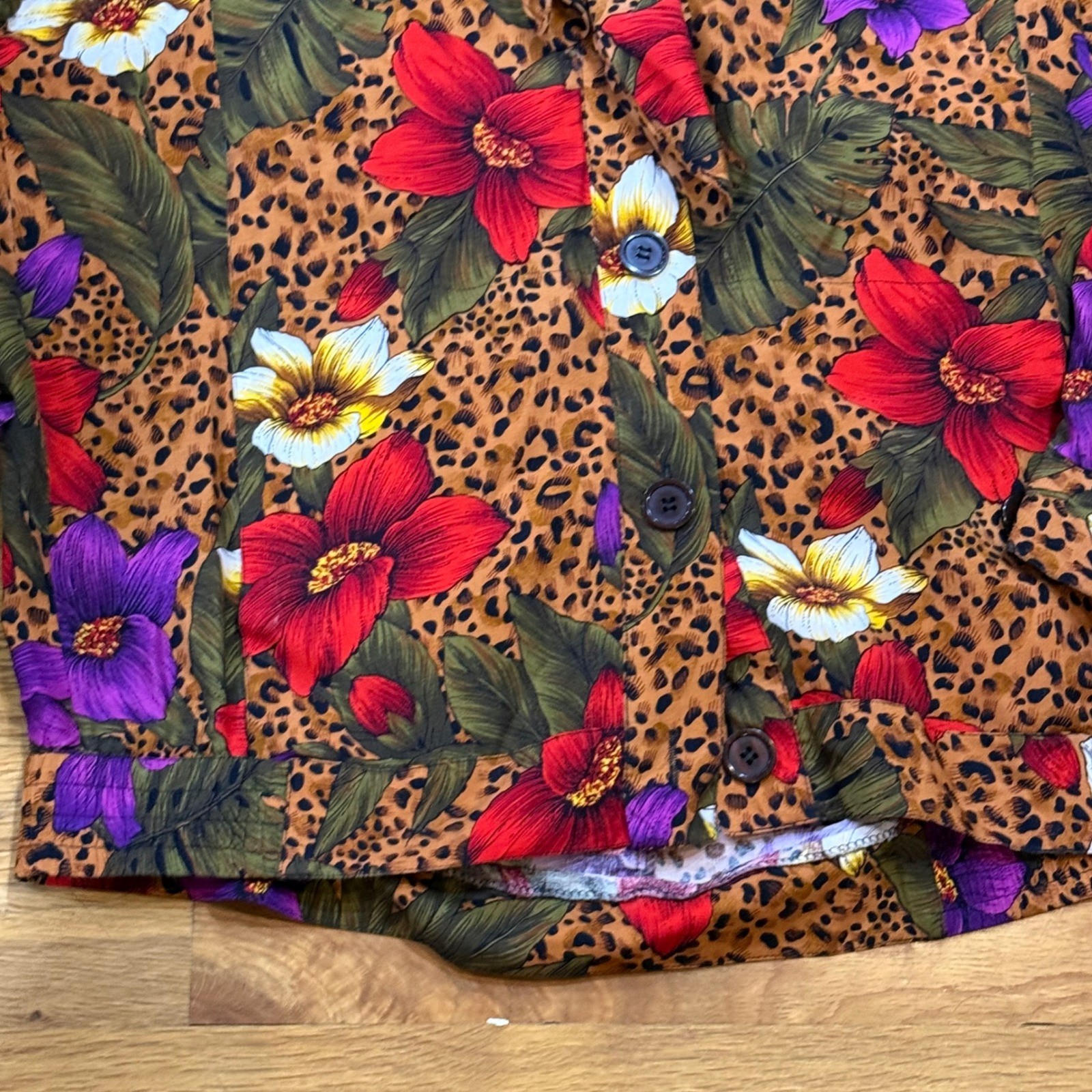 SK & Company Vintage Leopard Floral Rayon Tie Neck Button Up Jacket Womens 10