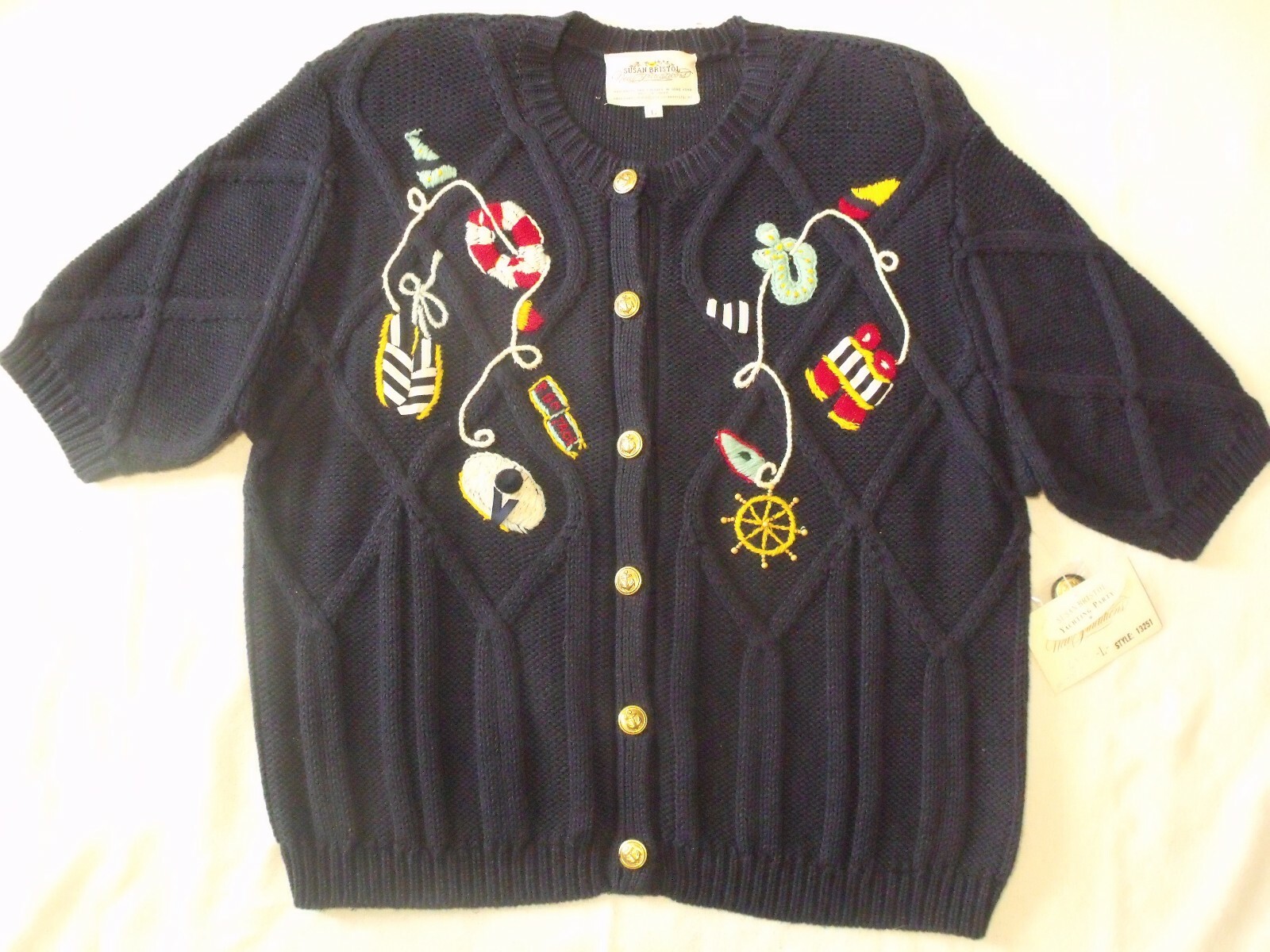 SUSAN BRISTOL L Embroidered Yachting Party Blue Sailing Sweater Vintage New Tags