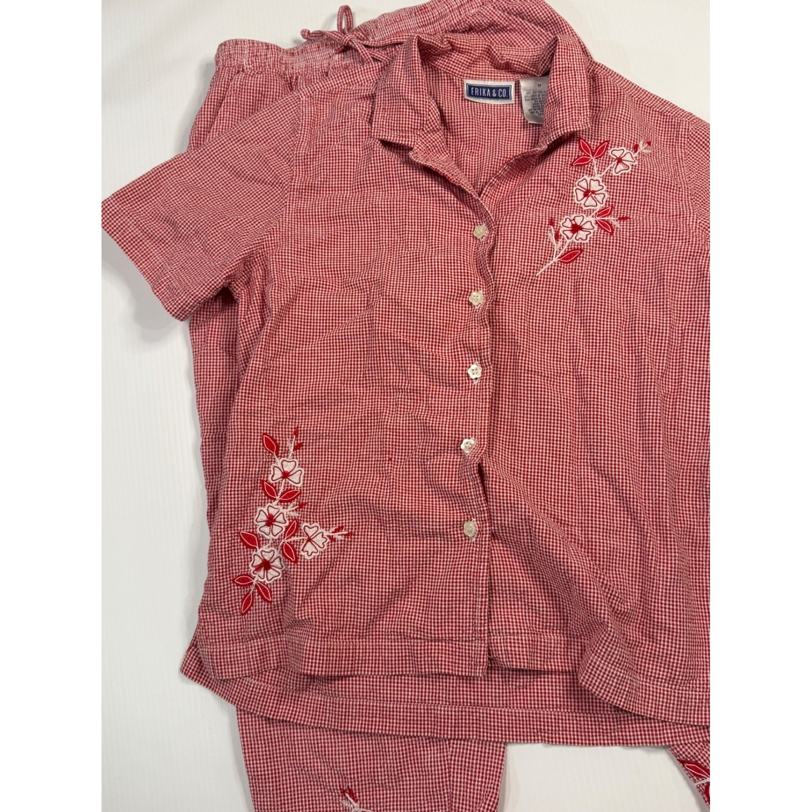 VTG Erika & Co Outfit Set Red Gingham Floral Embroidered Short Sleeve Medium