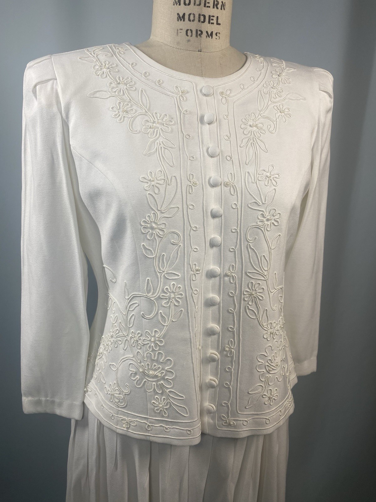 Vintage Dress SIZE 10P MEDIUM ivory white KARIN STEVENS classic MOB 80s 90s