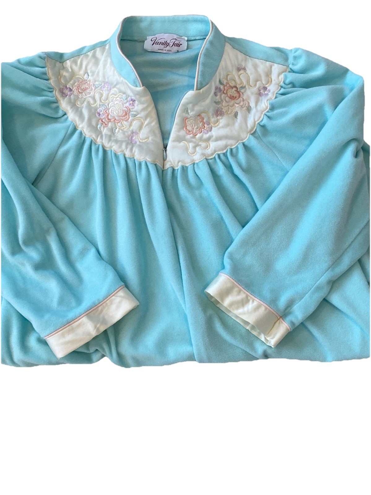 Vanity Fair Vintage Aqua Fleece Housecoat Robe Made In USA Size Small 3/4 Sleeve