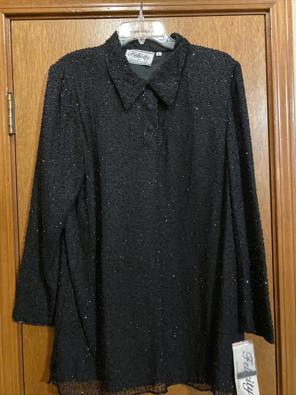 Vtg FELICITY H MORGAN 80s Black Beaded Stardust Formal Blouse Large NWT- NOS