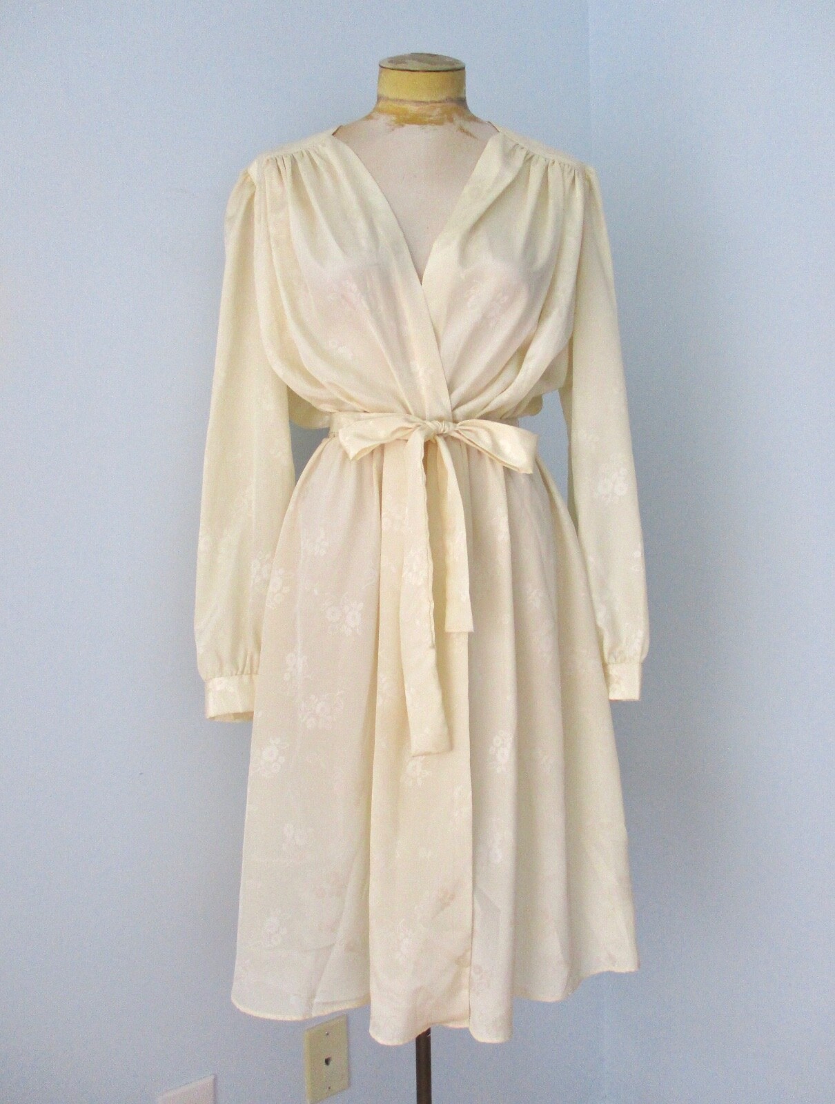 Vtg 70’s 80’s Miss Oops ivory taffeta floral brocade dress tie belt crossbody 10