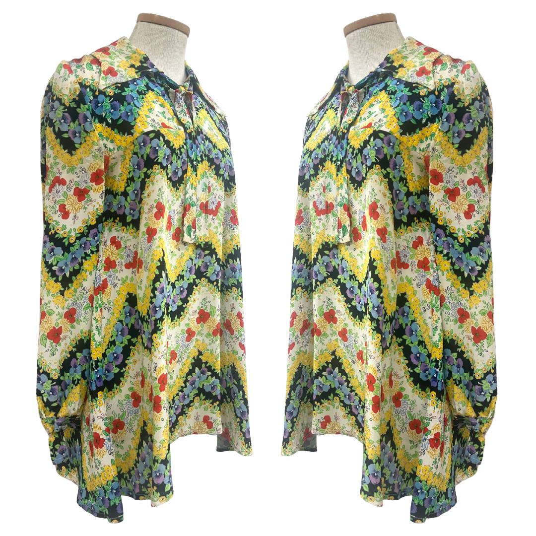 Vintage 1970s Jenny Hare Rare Floral Tunic Blouse/Mini Dress with Bishop Sleeve