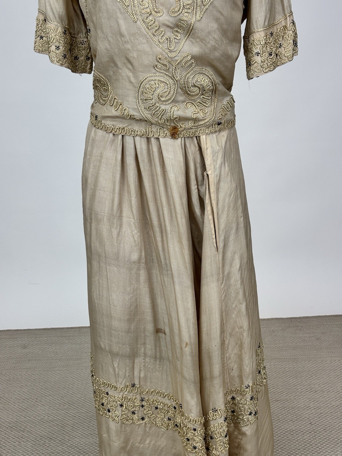 Antique Edwardian 1910s Beige Silk Day Dress Cording Blue Beads Wrap Bodice