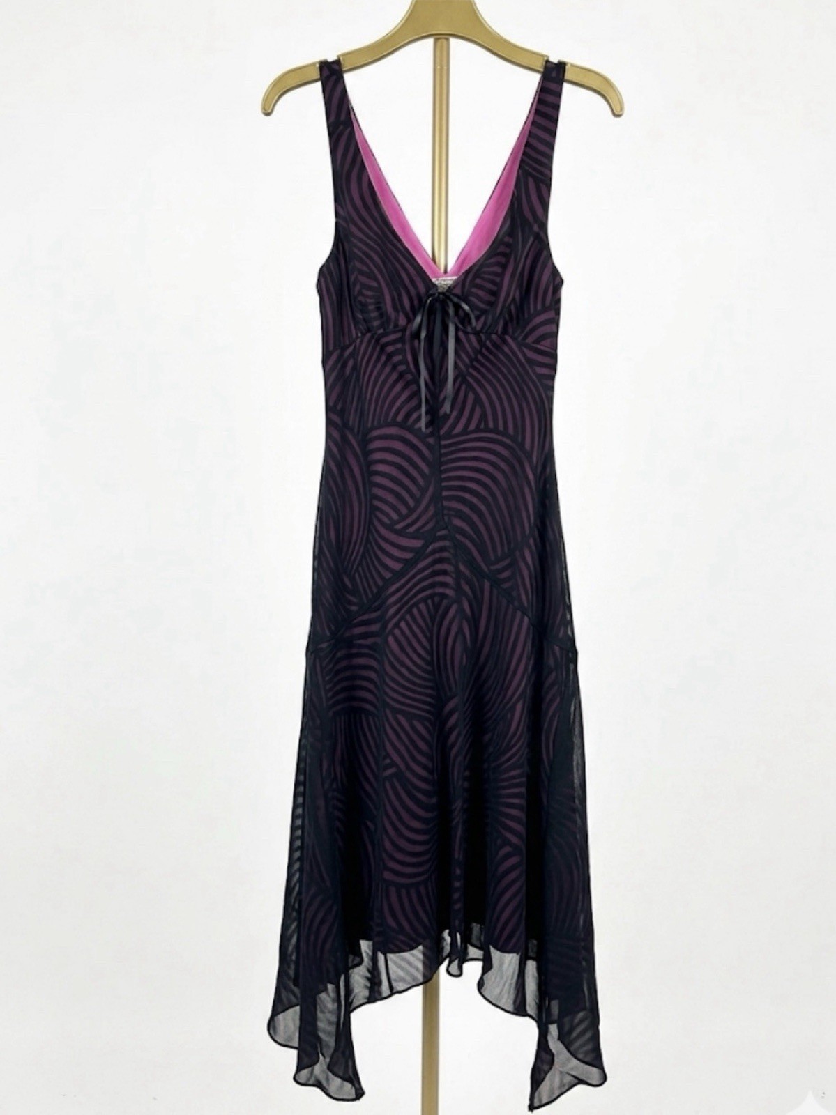 VTG 90s Mica Handkerchief Hem Slip Dress 6 Pink Black Swirl Mesh Midi Whimsigoth