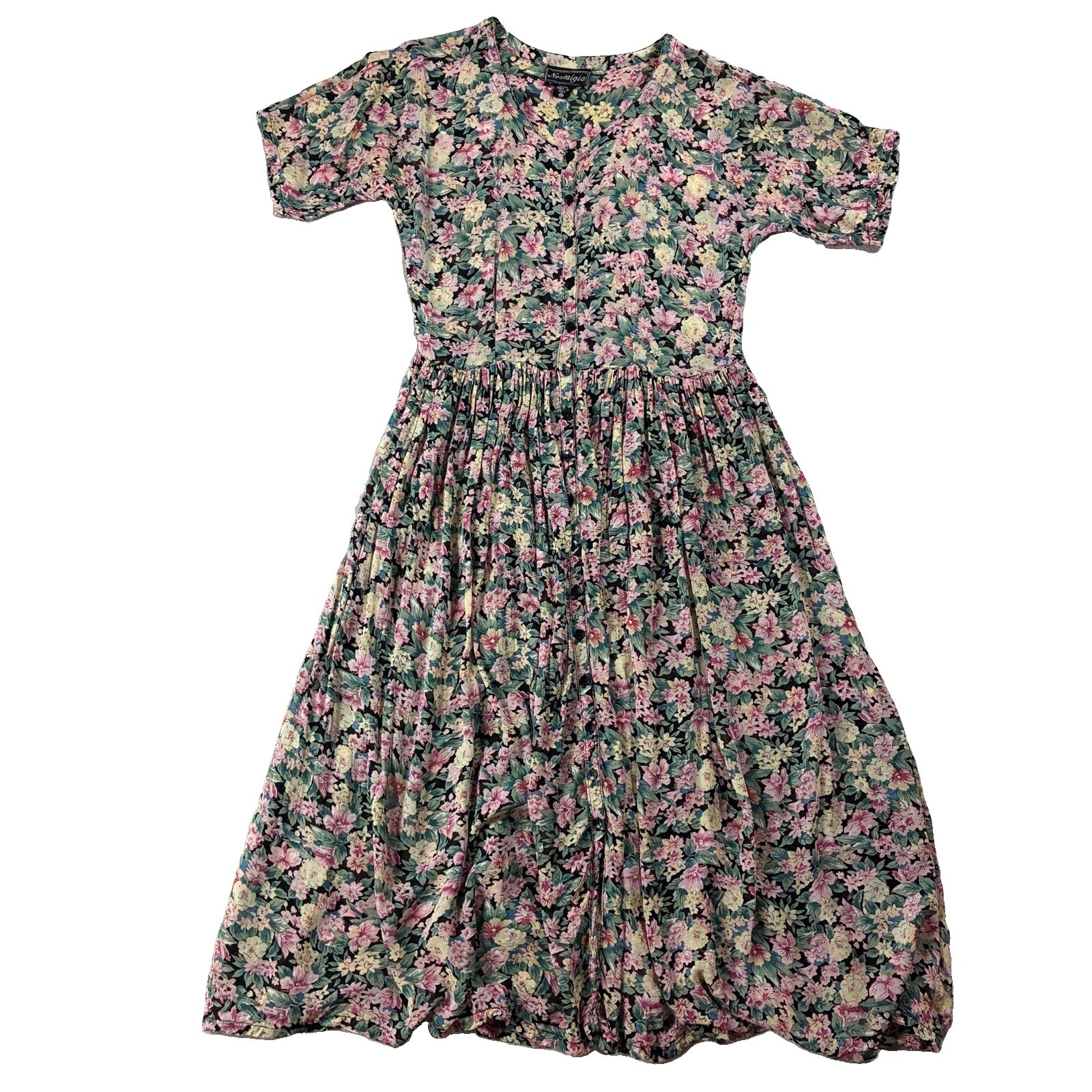 VTG 90s Nostalgia Sheer Floral Short Sleeve Button Up Maxi Dress Womens M Grunge