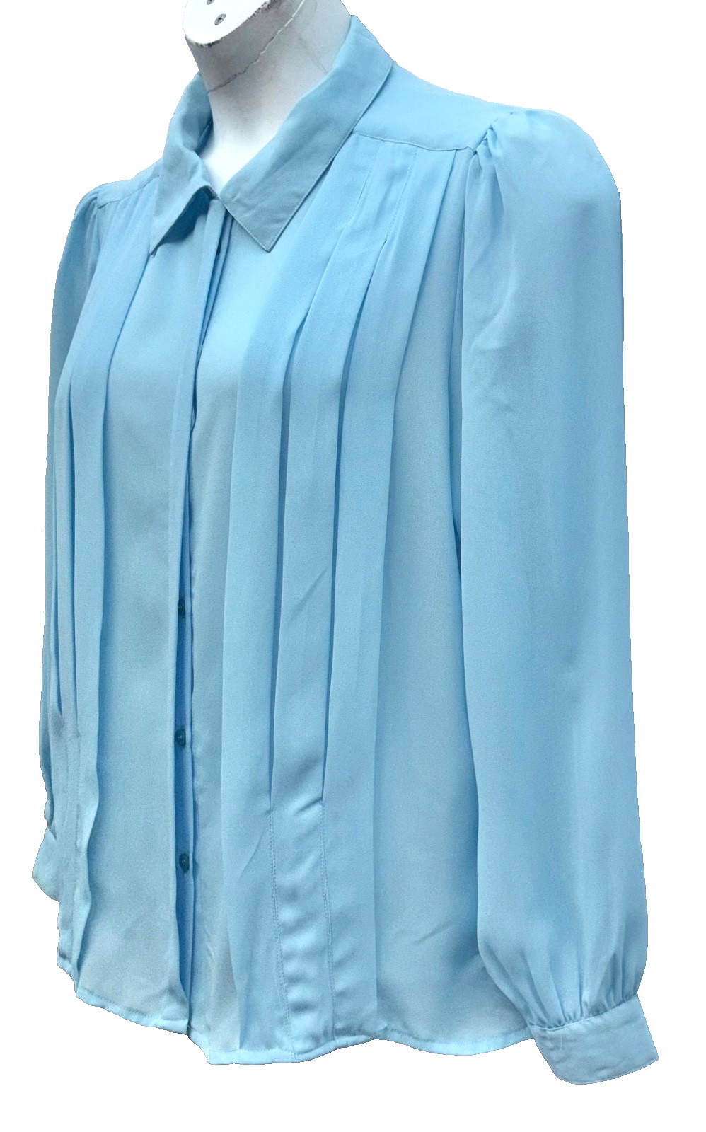 VTG Joan Harper Women Size 16 Button Up Long Sleeve Chiffon Top Baby Blue Pleats