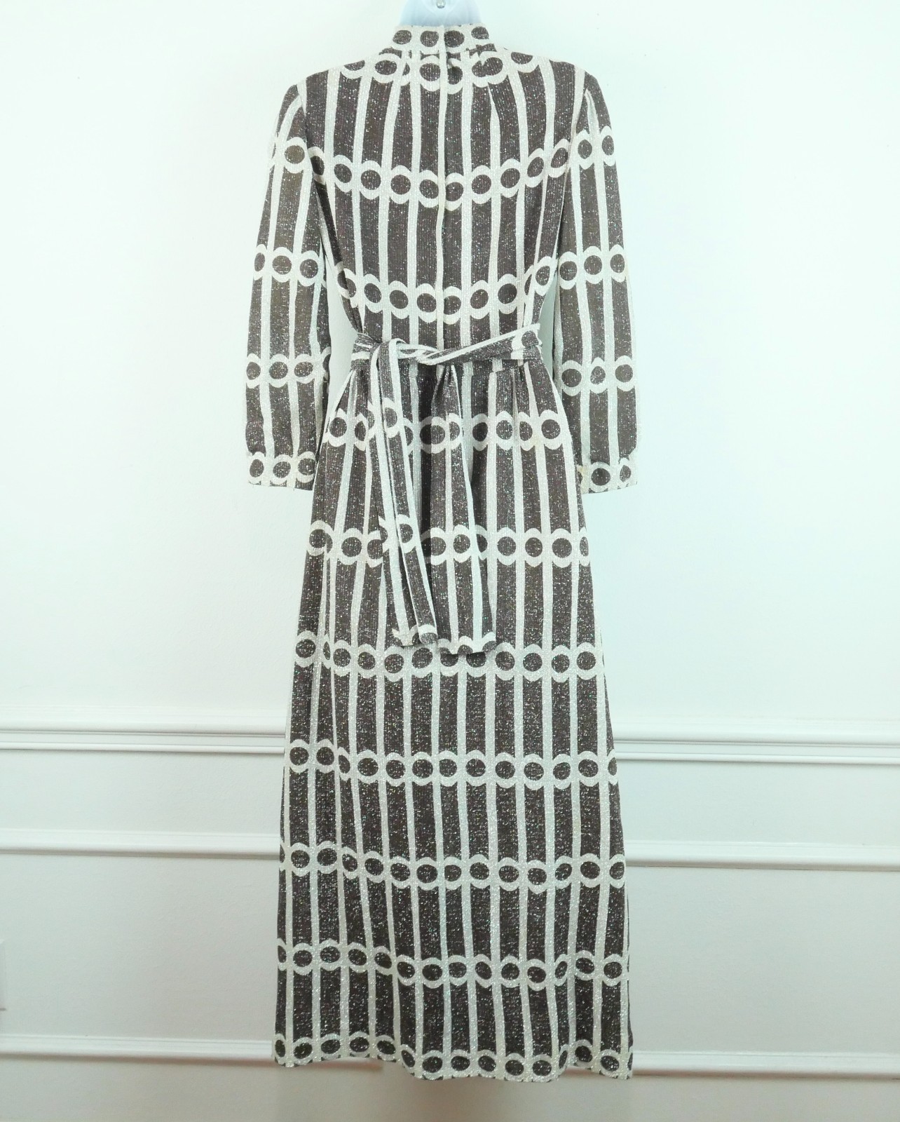 Vintage 60s Hostess Dress Metallic Sparkle Maxi Retro Glam XS S 70s Geometric