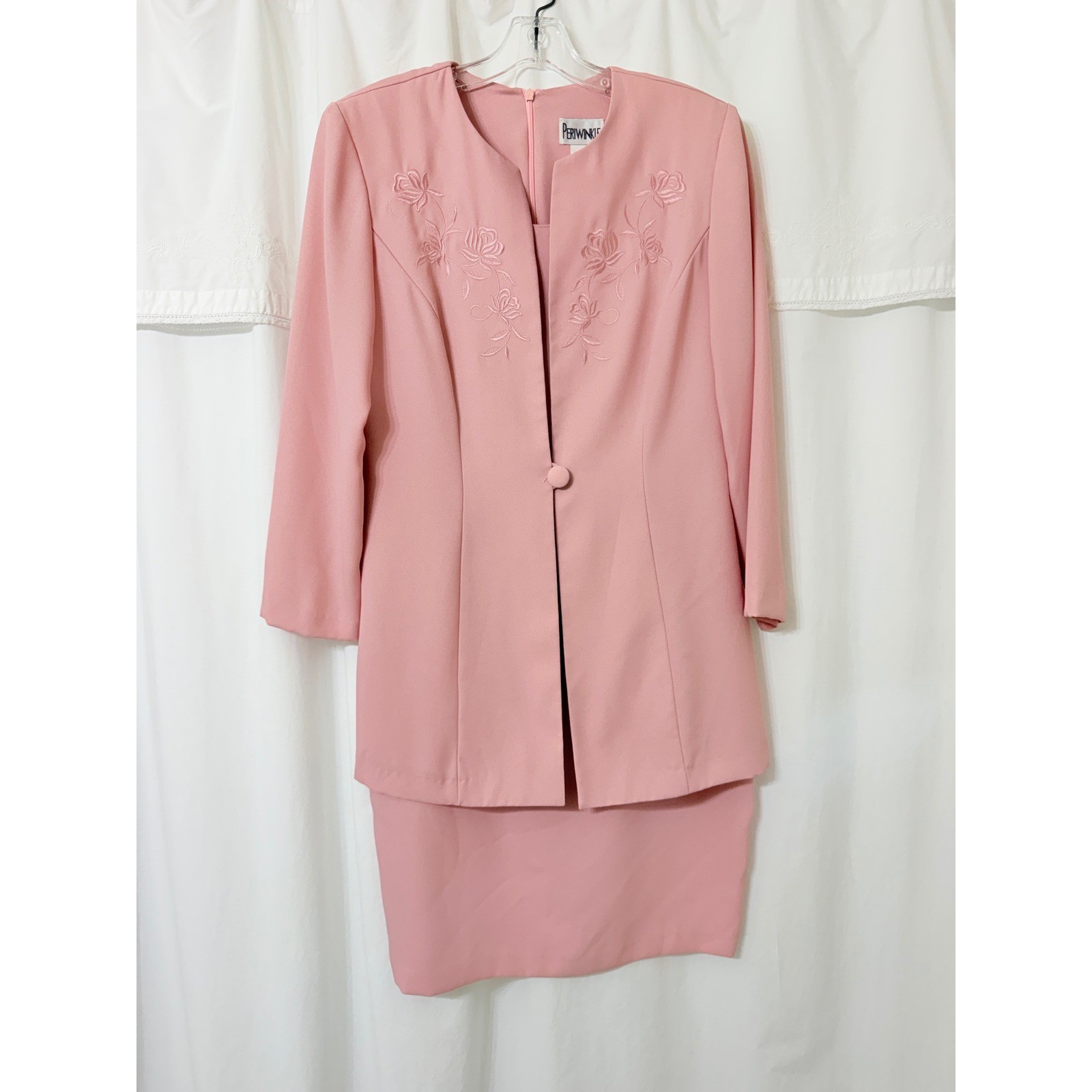 Periwinkle Vintage Pink Dress Floral Embroidered Faux Blazer Size 12 USA 1990’s