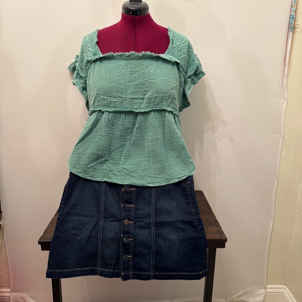 Y2K Boho Outfit Bundle Maurices Gauze Top XL + BONGO Denim Mini Skirt Size 16