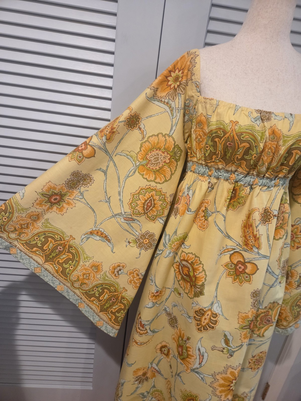 70s Vintage Maxi Dress Angel Sleeves Bloomcraft Du Pont Zepel Fabrics Handmade