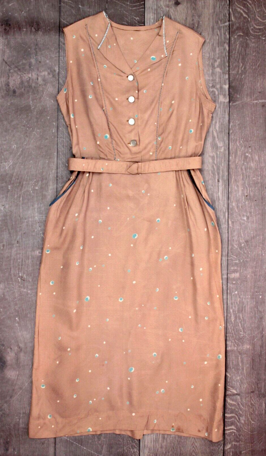 VTG Women’s 40s 50s Tan Silk Sleeveless Dress W/ Belt 1940s 1950s Sz S/M Pockets