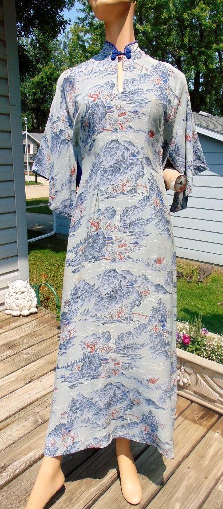 VTG 40s Malihini Hawaii Gray & Blue Rayon Pake Muu 28W
