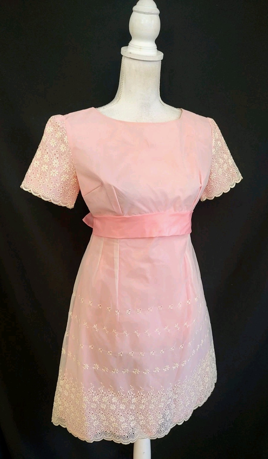 60’s Vintage Pink Dress Eyelet Organza Taffeta Coquette Girly Short Sleeve XS/S