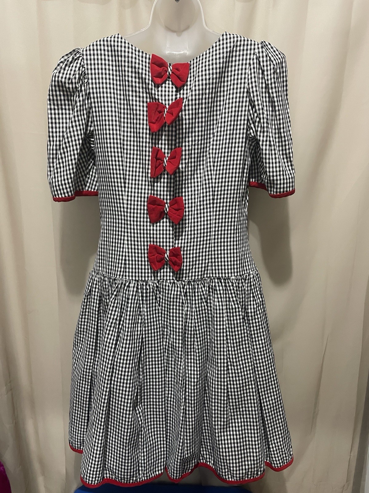 Vintage Misty Lane Gingham Black White Red Party Dress 13/14 Bows In Back