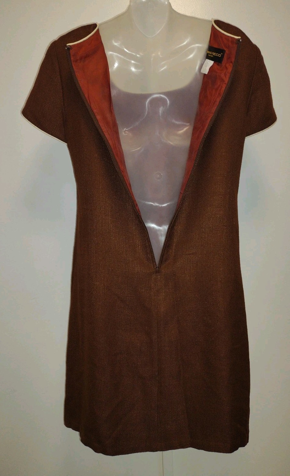Vintage Donna Ricco Brown Woven Sheath Dress Size 10 Rayon Cotton Piped Pockets