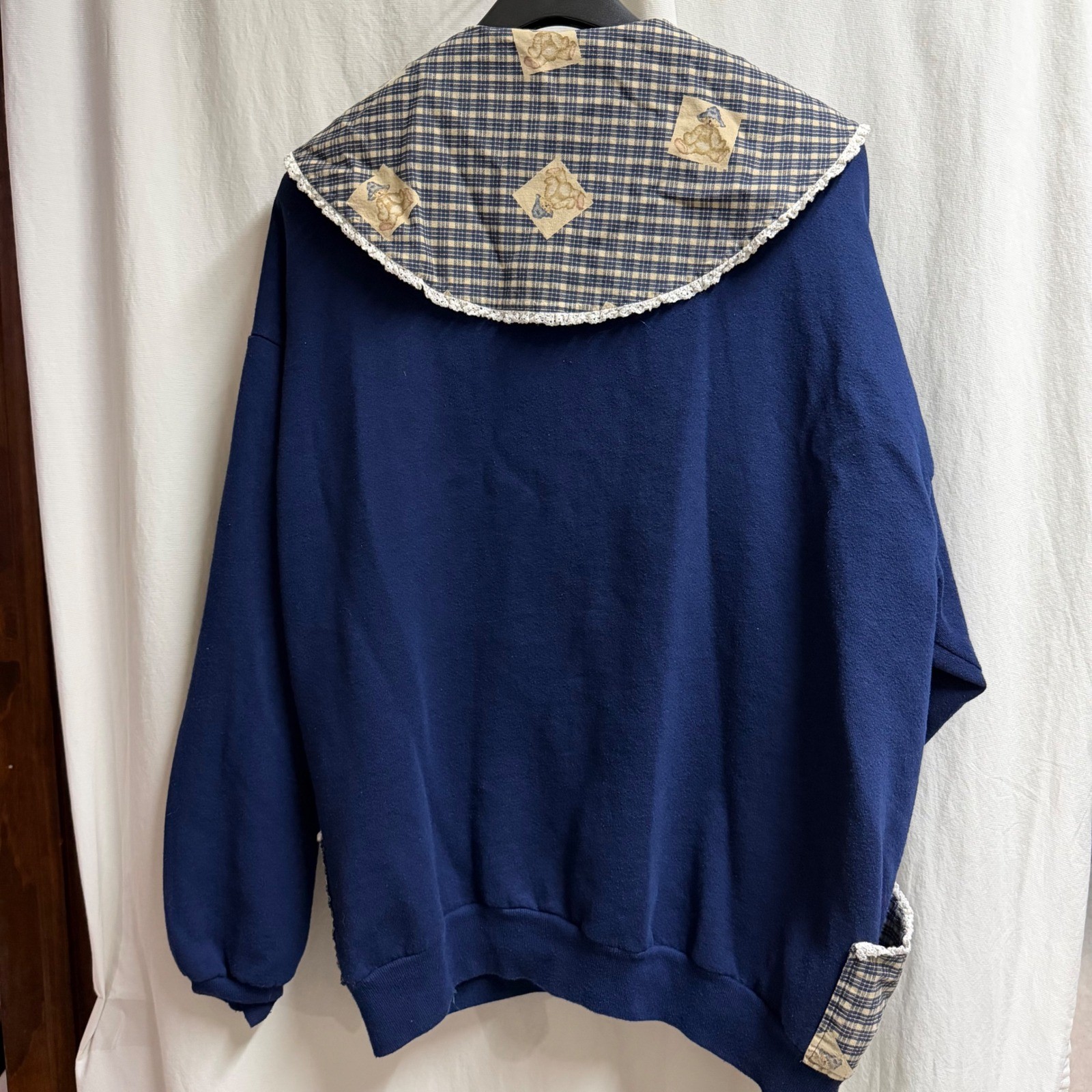 Vintage Jerzees Navy Teddy Bear Plaid Collar Fleece Cardigan 2X USA Cottagecore