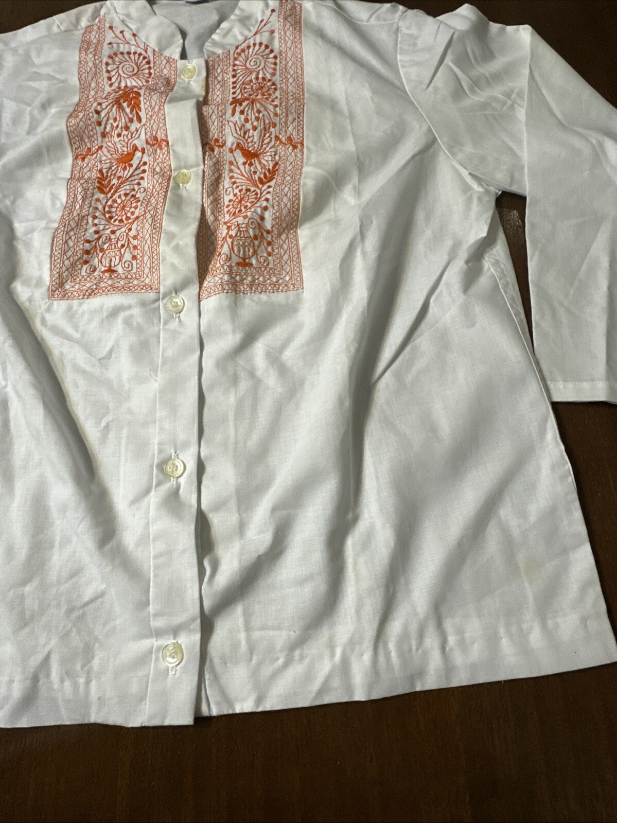 MAJESTIC Vtg 60-70s White Orange Embroidered 3/4 Sleeve Blouse Sz 16