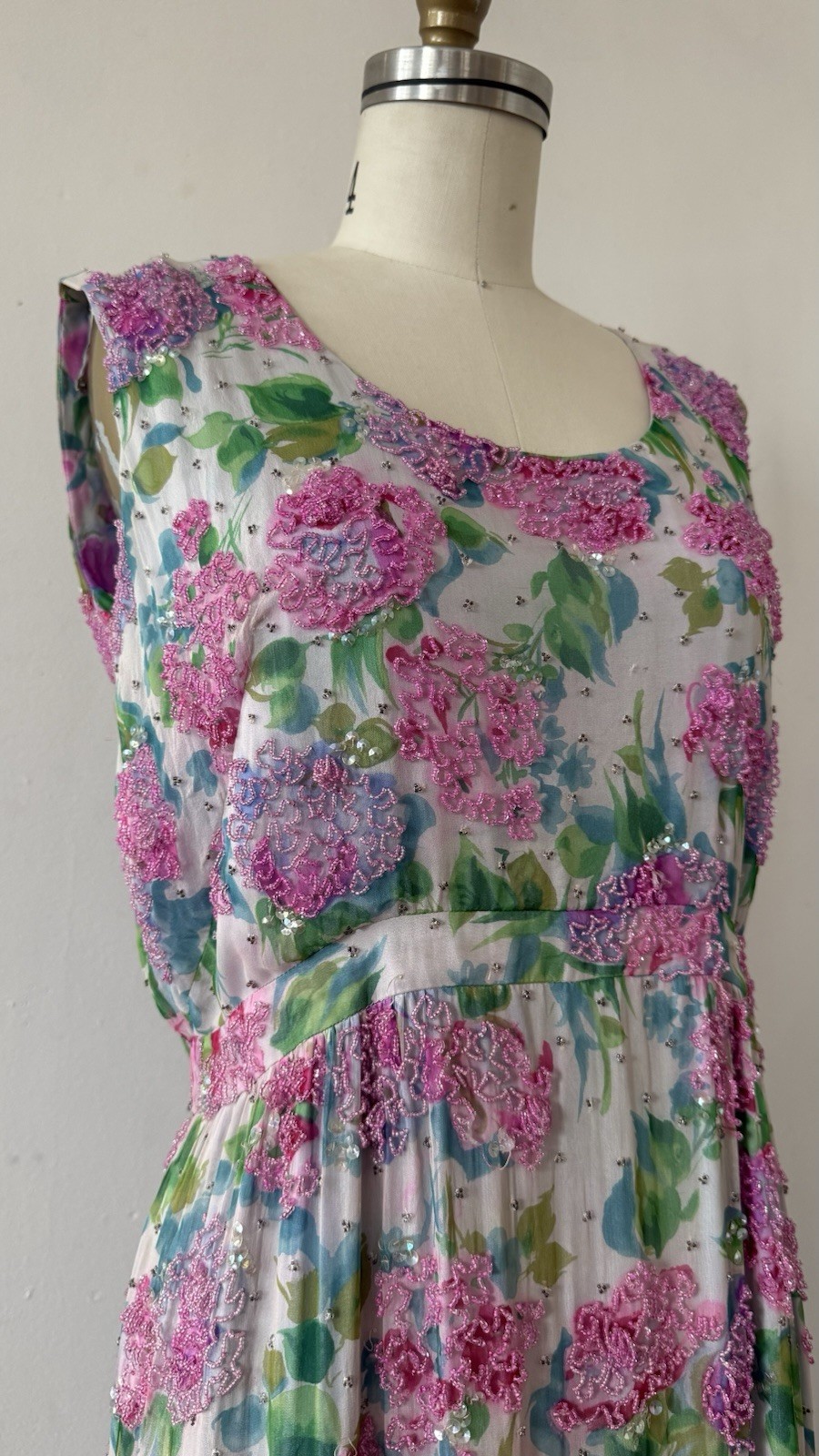 Vintage 1950s 60s Rare Designer Sara Fredericks Hand Beaded Chiffon Evening Gown