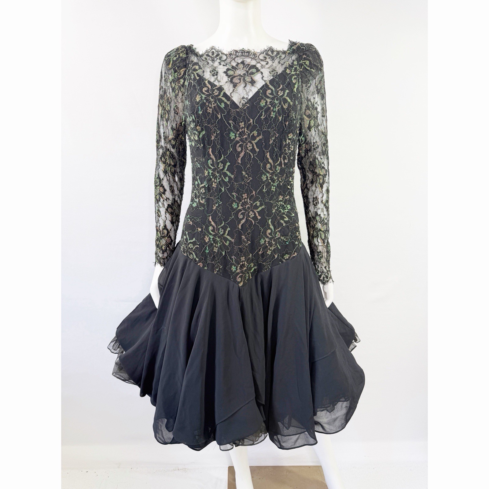 Vintage Casadei Black Lace Tulle Drop Waist Dress Size M Formal Long Sleeve Goth