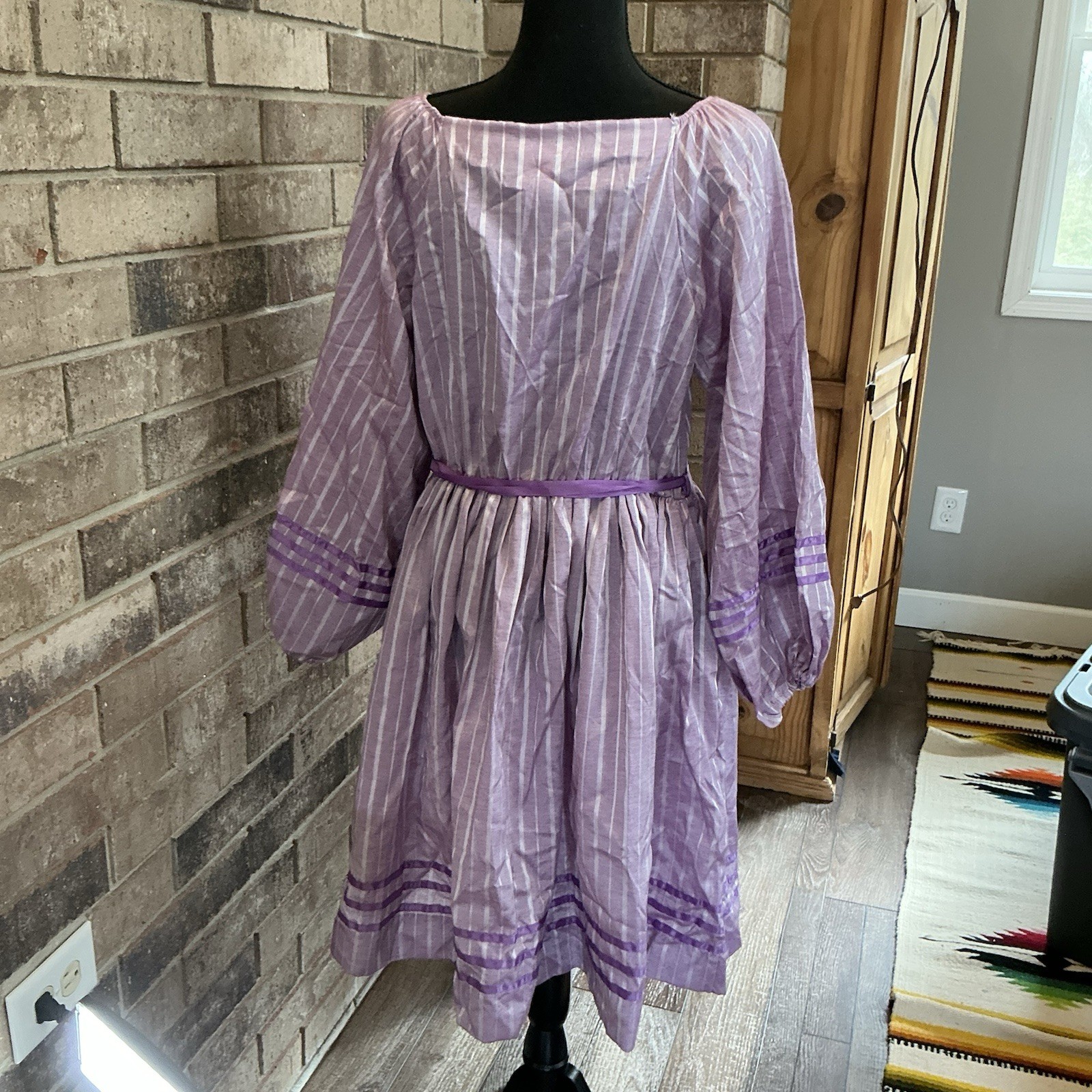 VINTAGE Love Prairie Dress Womens 16.5 Purple Striped USA Made Cottagecore #42C3