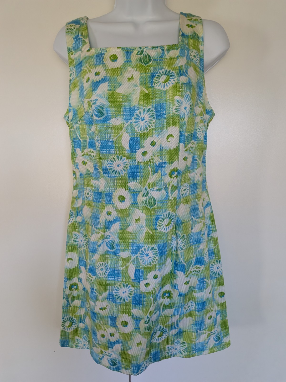 Vintage Y2K 90s Tank Sun Dress floral plaid green blue daisy California Concepts