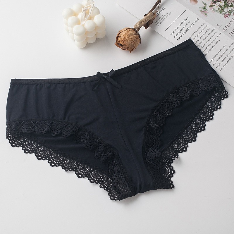 3X Women’s Low Waist Lace Bow Ice Silk Panties Cotton Gusset Breathable Briefs