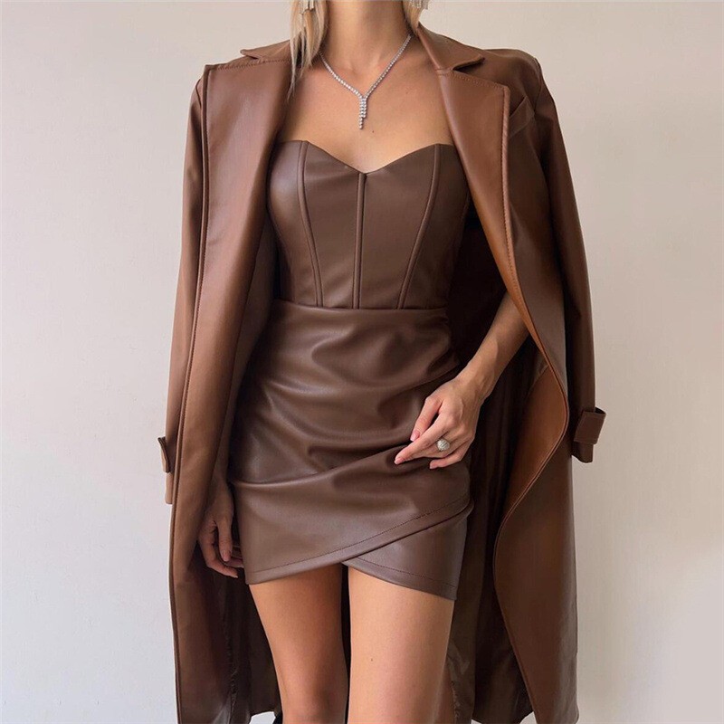 Women Strapless Leather Bodycon Mini Dress Club Party Sleeveless Sexy Sundress