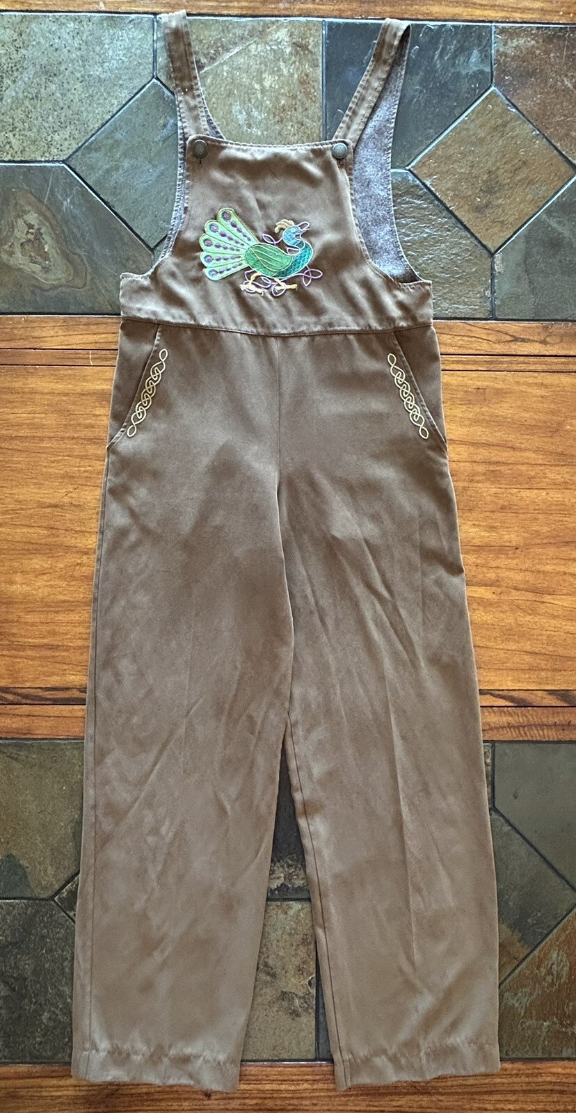 Vintage PEACOCK Embroidered Unique Handmade Bib Overall Boho Pants XS 28” Inseam
