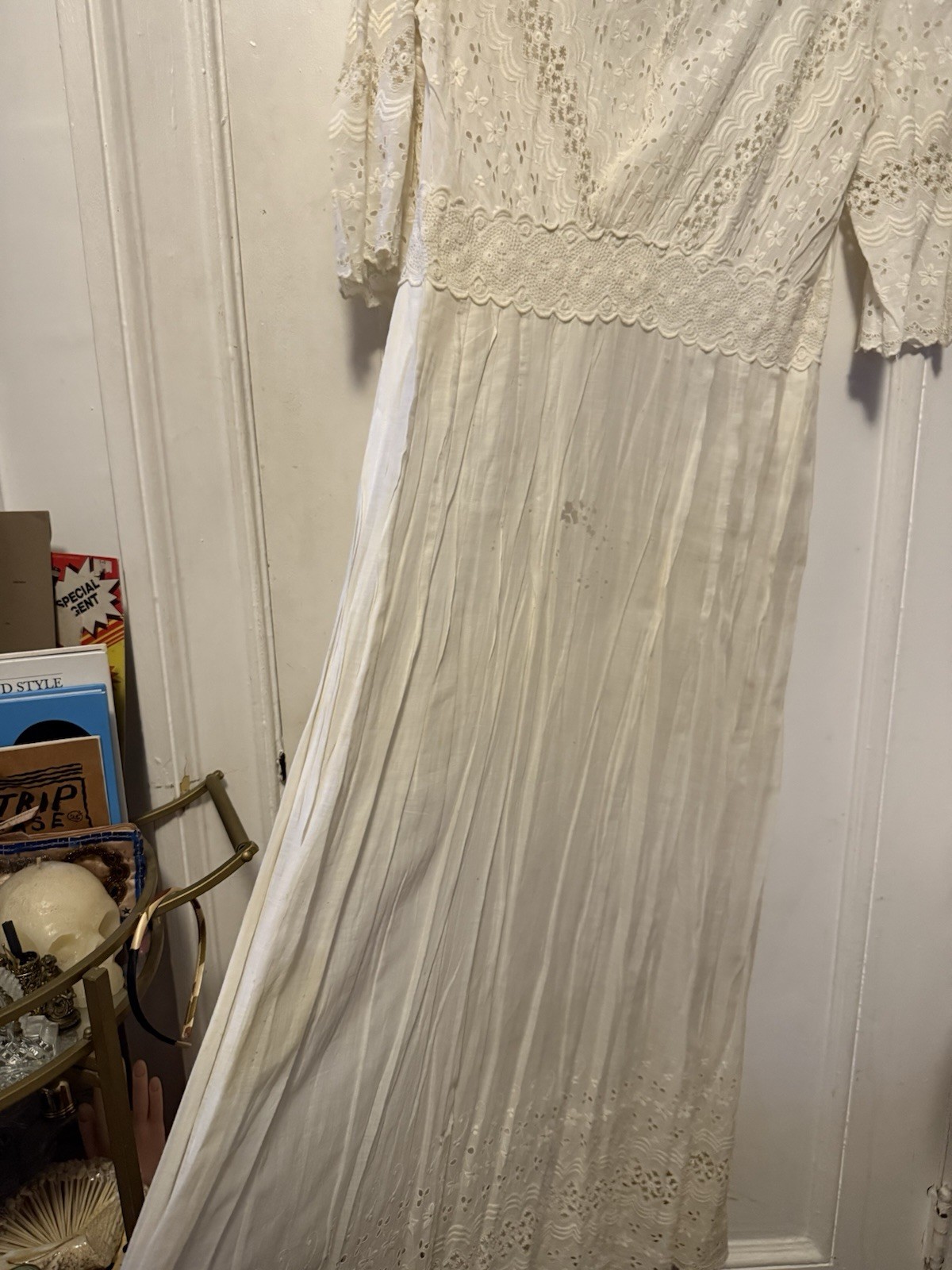 Antique Edwardian White Irish Lace Eyelet Cotton Lawn Lingerie Tea Summer Dress