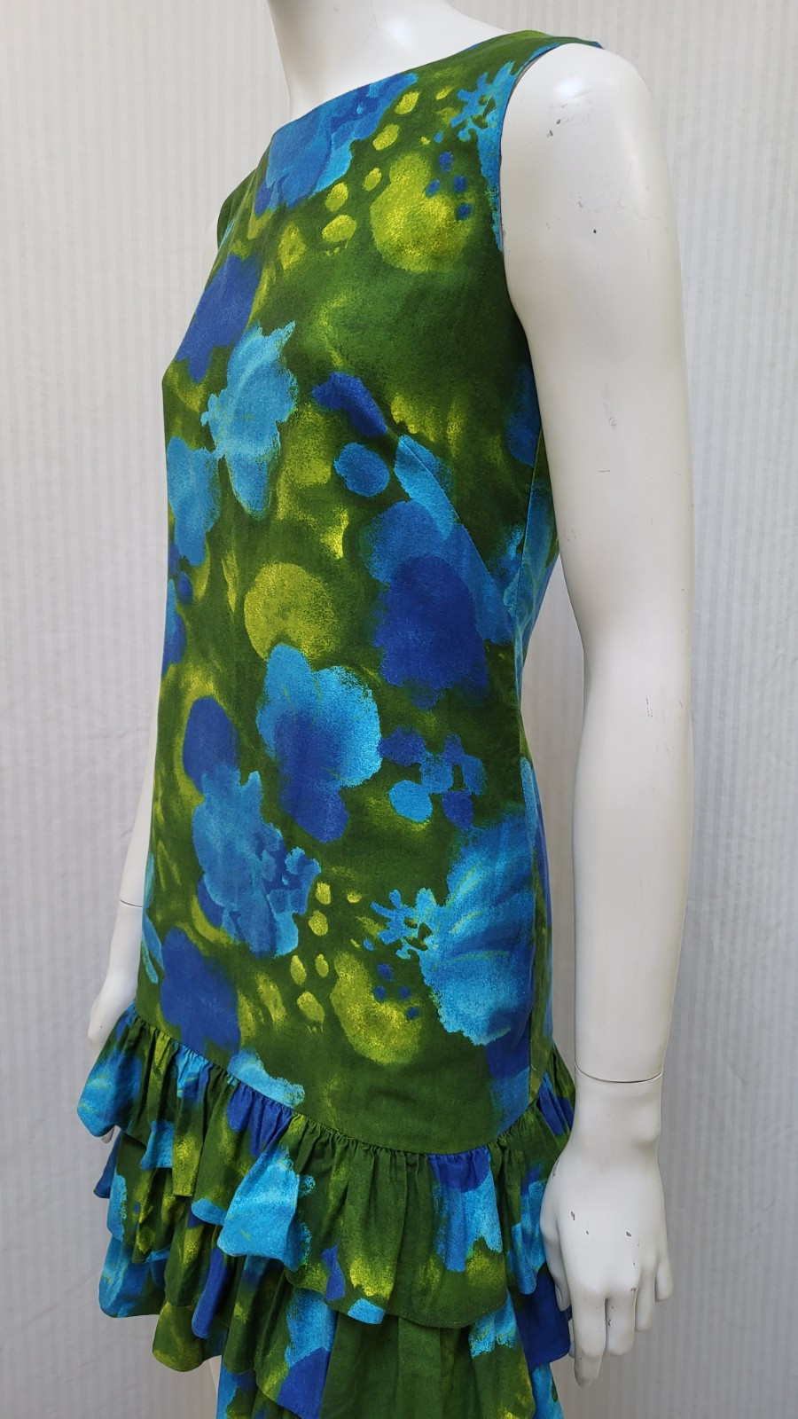 Vintage 1960s SUN FASHIONS HAWAII Blue Green Floral Ruffle Dress – Size XS – EUC