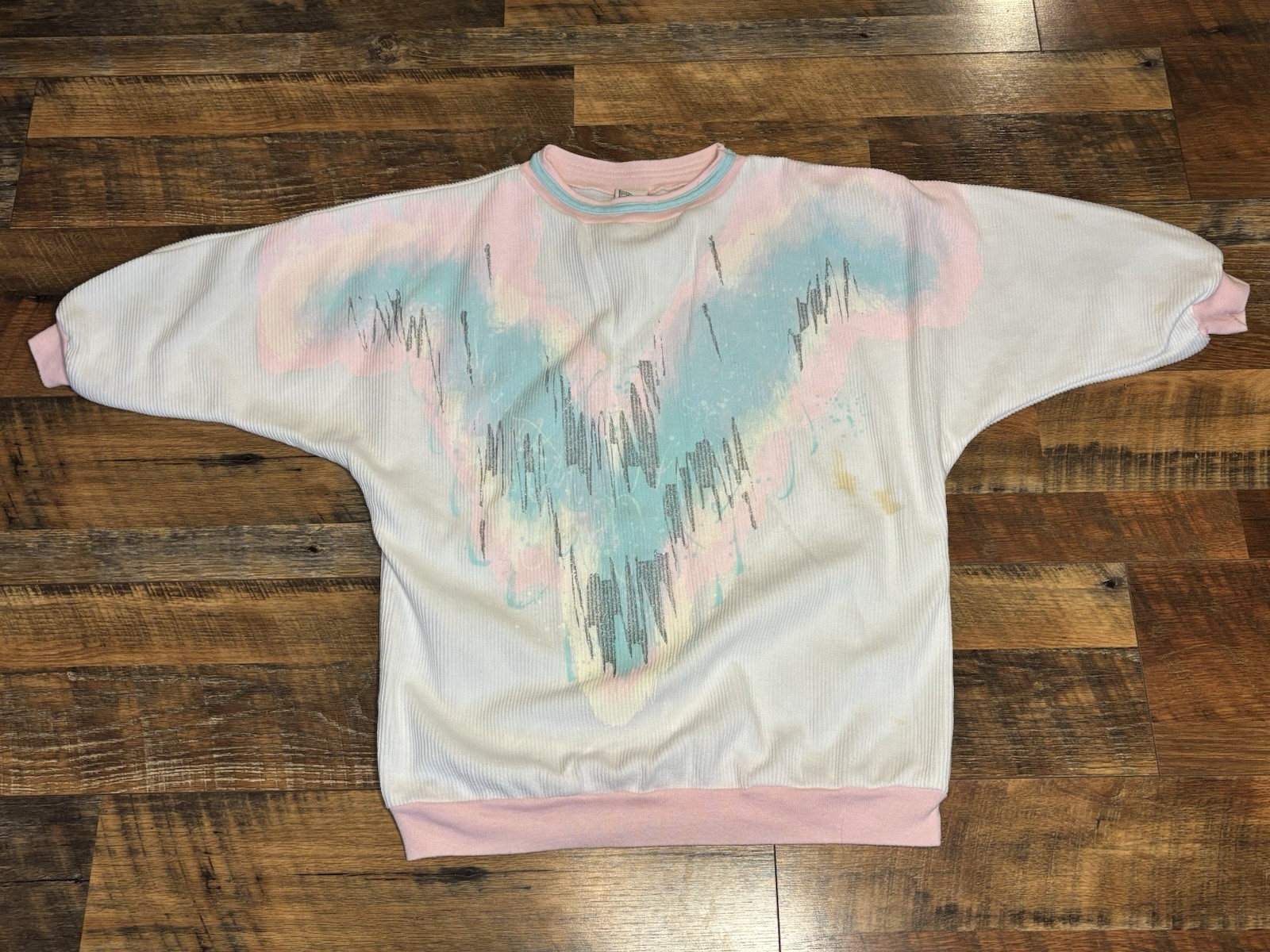 Vintage 80s Crewneck White Ribbed Sweater Pastel Blue Pink Yellow Glitter W’s M
