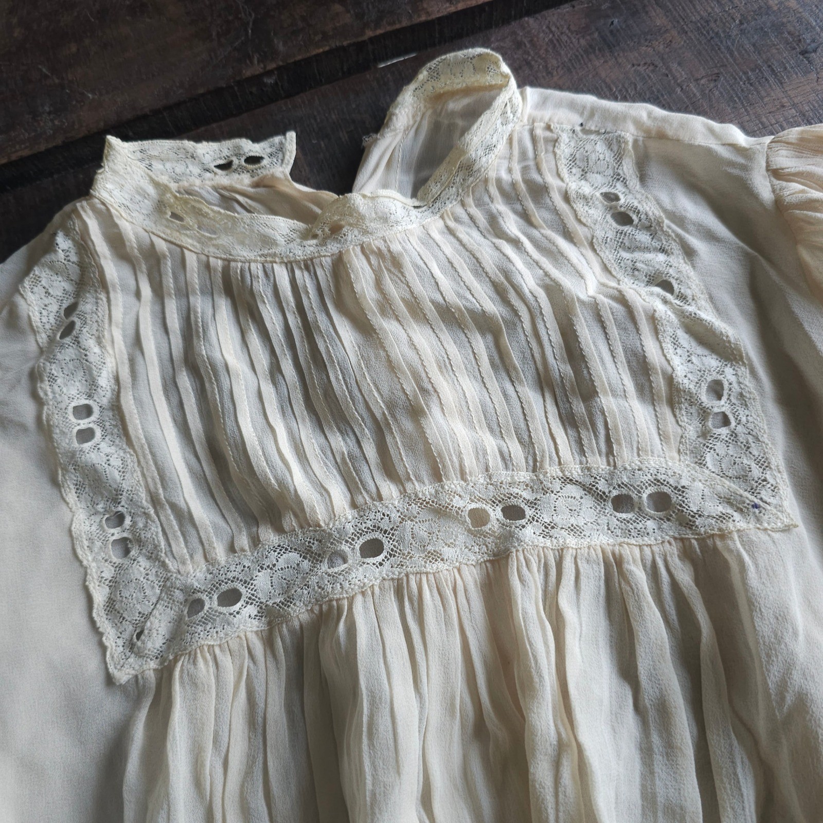 Antique Edwardian Pigeon Breast Blouse Lace Trim Bishop Sleeve Cream Top AS IS