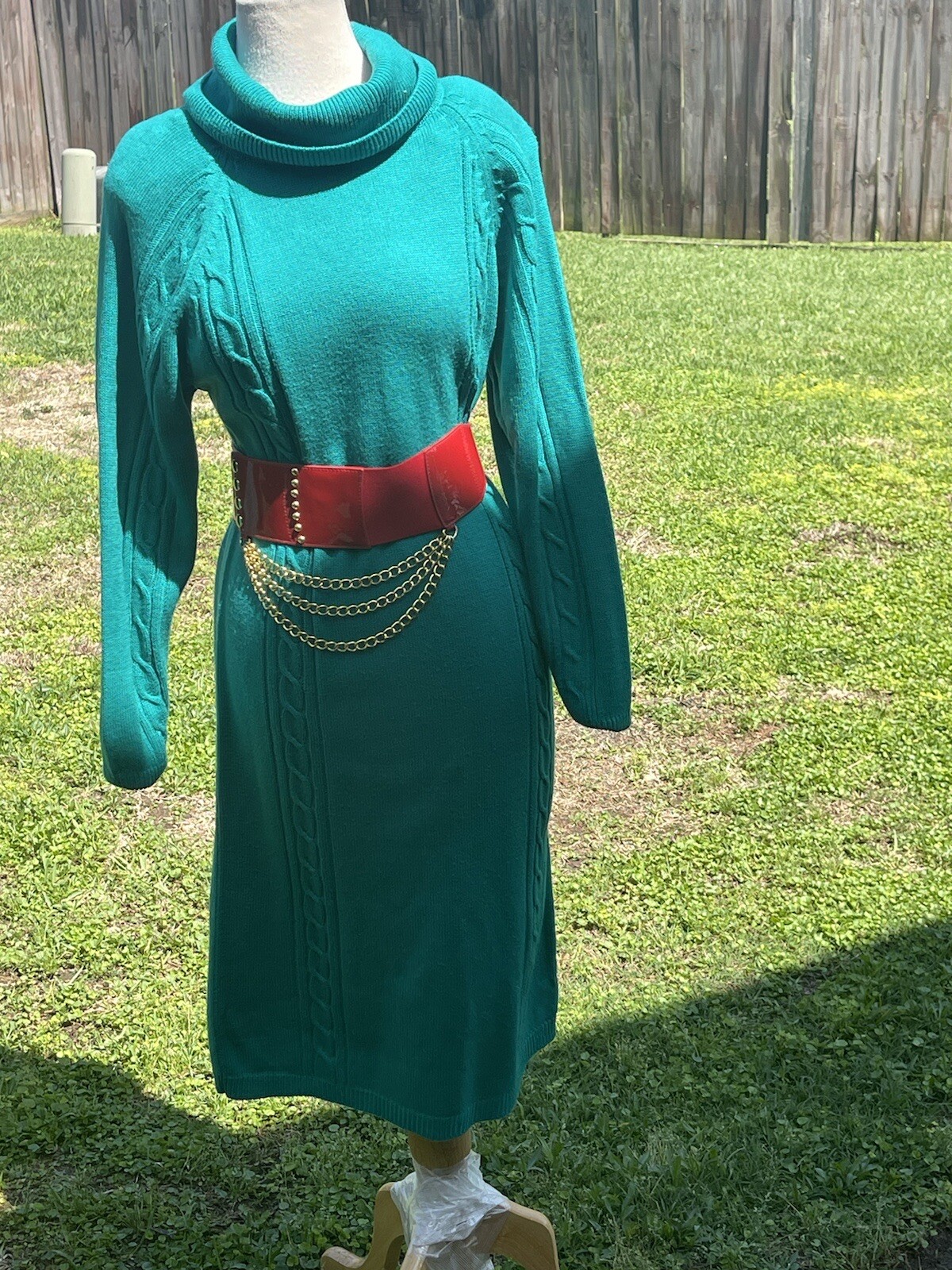 Vintage Just-Mort Green Sweater Knit Dress Size Medium Padded Shoulders