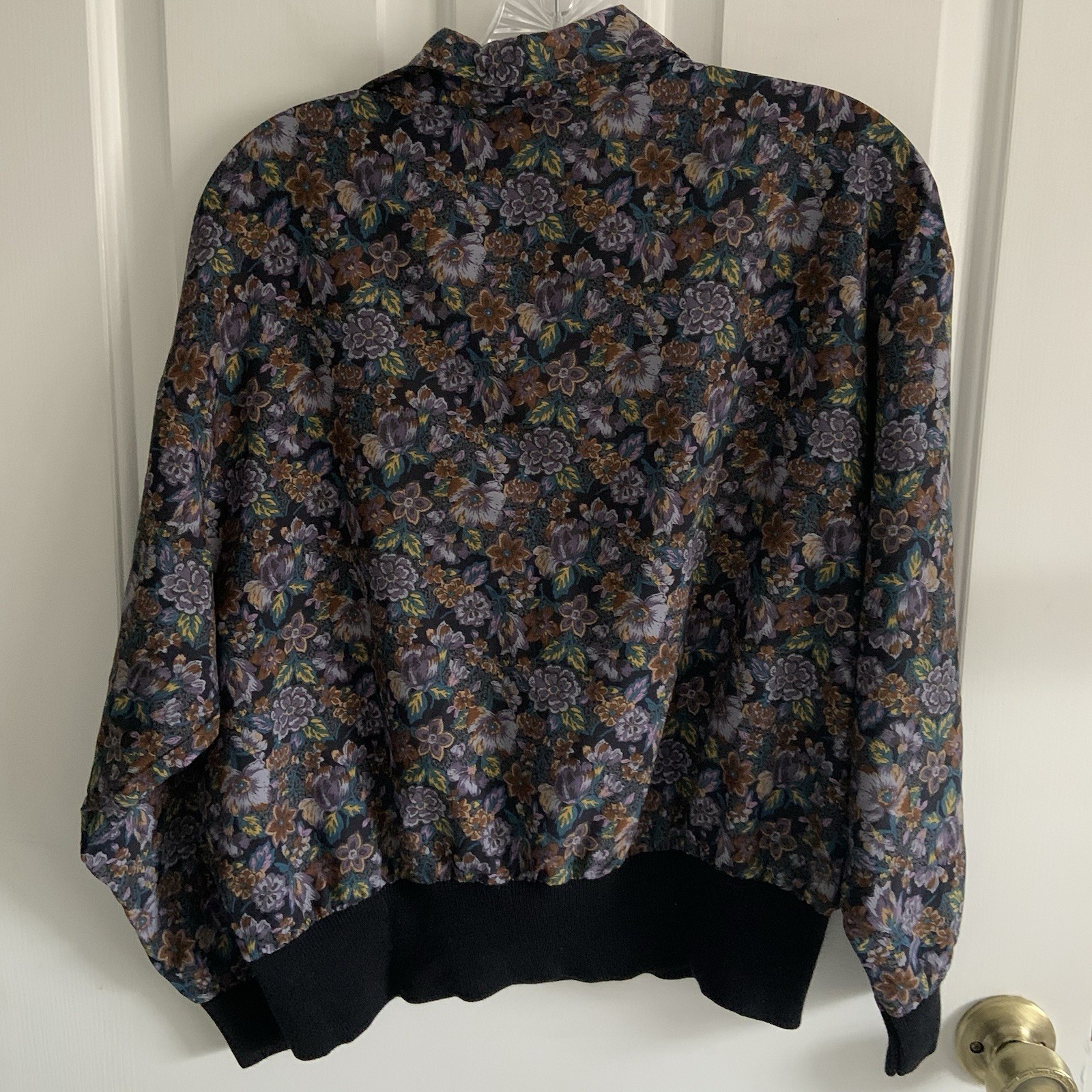 Vintage 70s ADAMO Silk Feel Button Front Blouse Dark Floral Elastic Waist Blouse