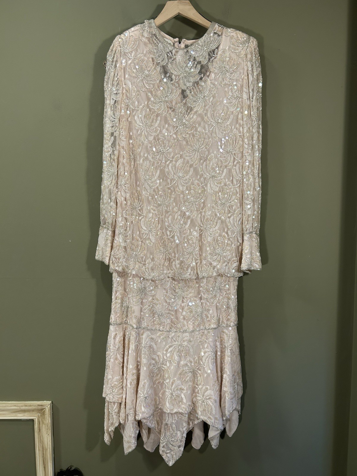VTG 80s Judith Ann Creations Beaded L/S Pink Assymetrical Flapper Dress Sz M