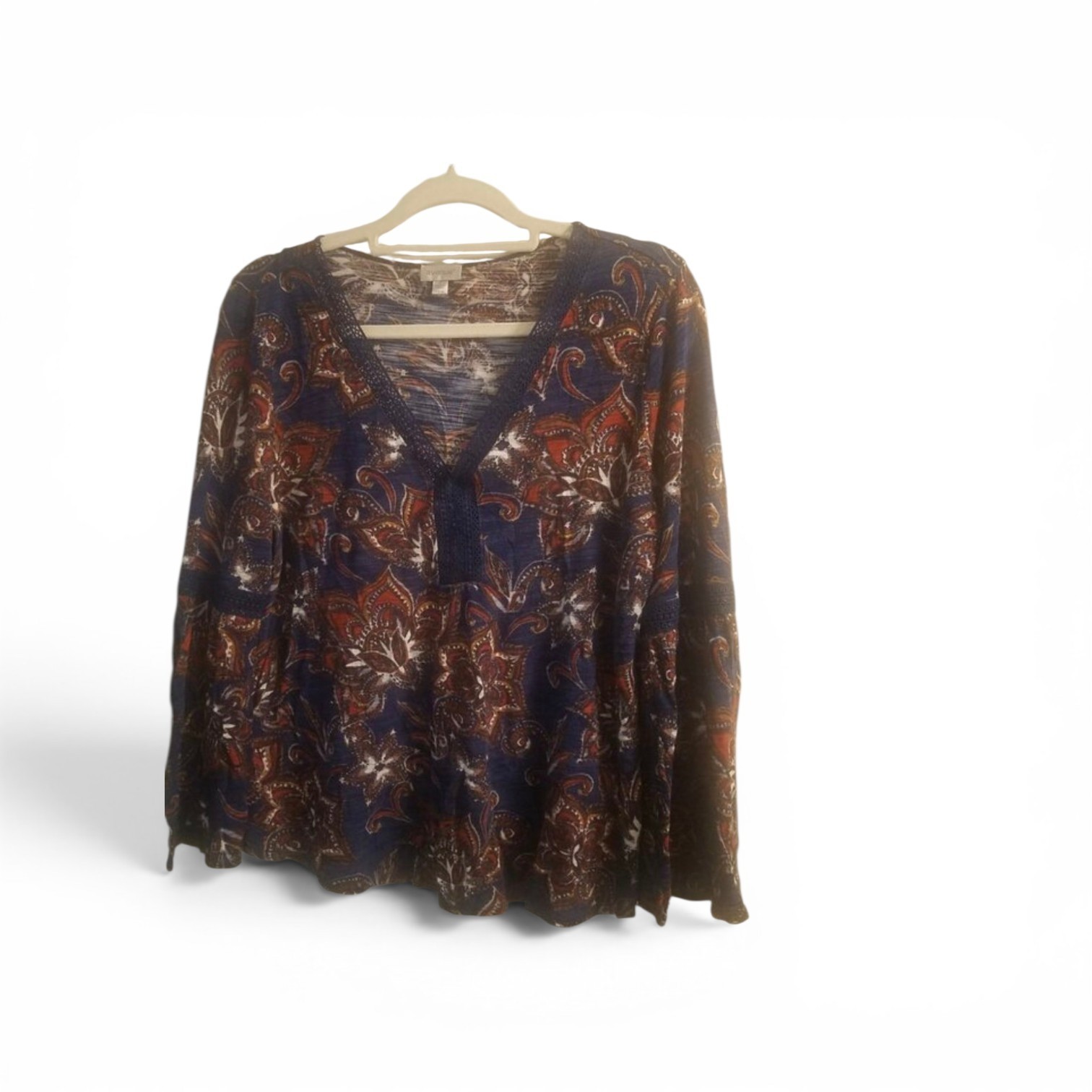 Boho Floral V-Neck Blouse in Navy, Rust & Cream