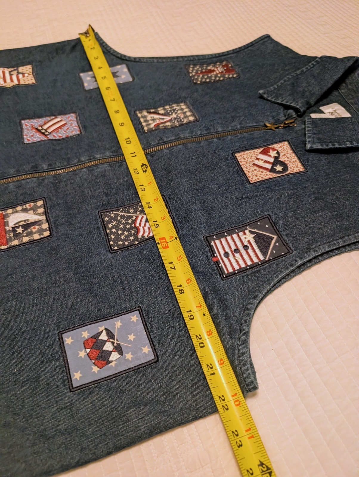 VTG 90s Christopher & Banks Denim Vest Sz XL Patriotic USA Flag Patch Cottage