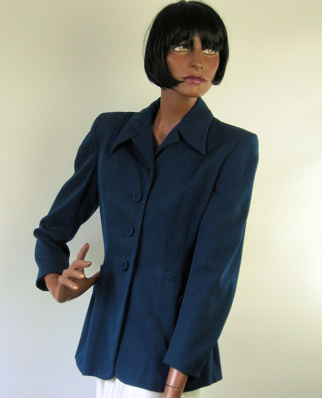 40s Gab Jacket Fit and Flare Navy Blue Vtg Strong Shoulder Nip Waist Rollman’s
