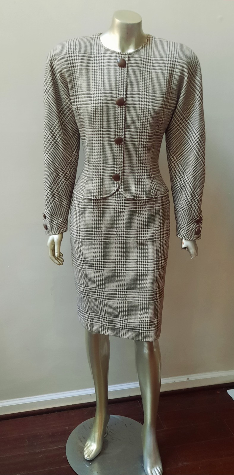 OSCAR DE LA RENTA VTG HOUNDSTOOTH WOOL DOLMAN SLEEVES DRESS FAUX 2 PC SUIT 8