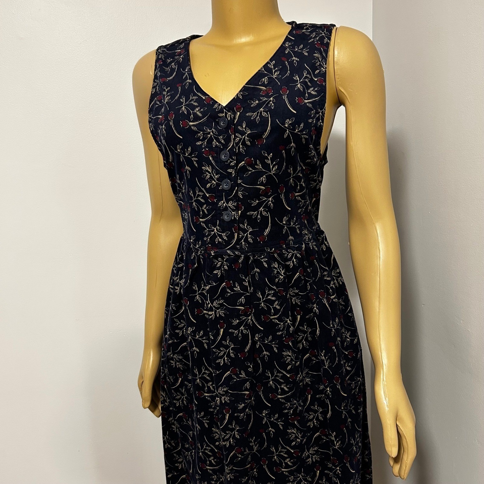 Bobbie Brooks 90s Y2K Vintage Navy Blue Floral Corduroy Dress Sleeveless Small