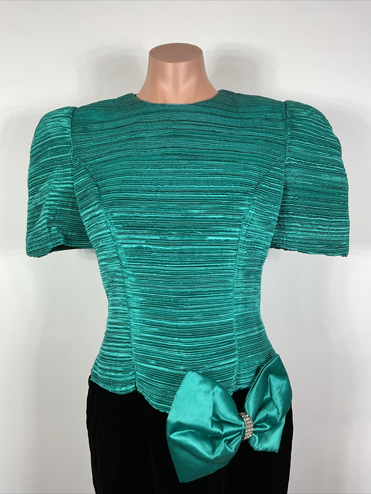 Opening Night Vintage 80s Teal Puffy Sleeve Velvet Prom Party Formal Dress 7/8