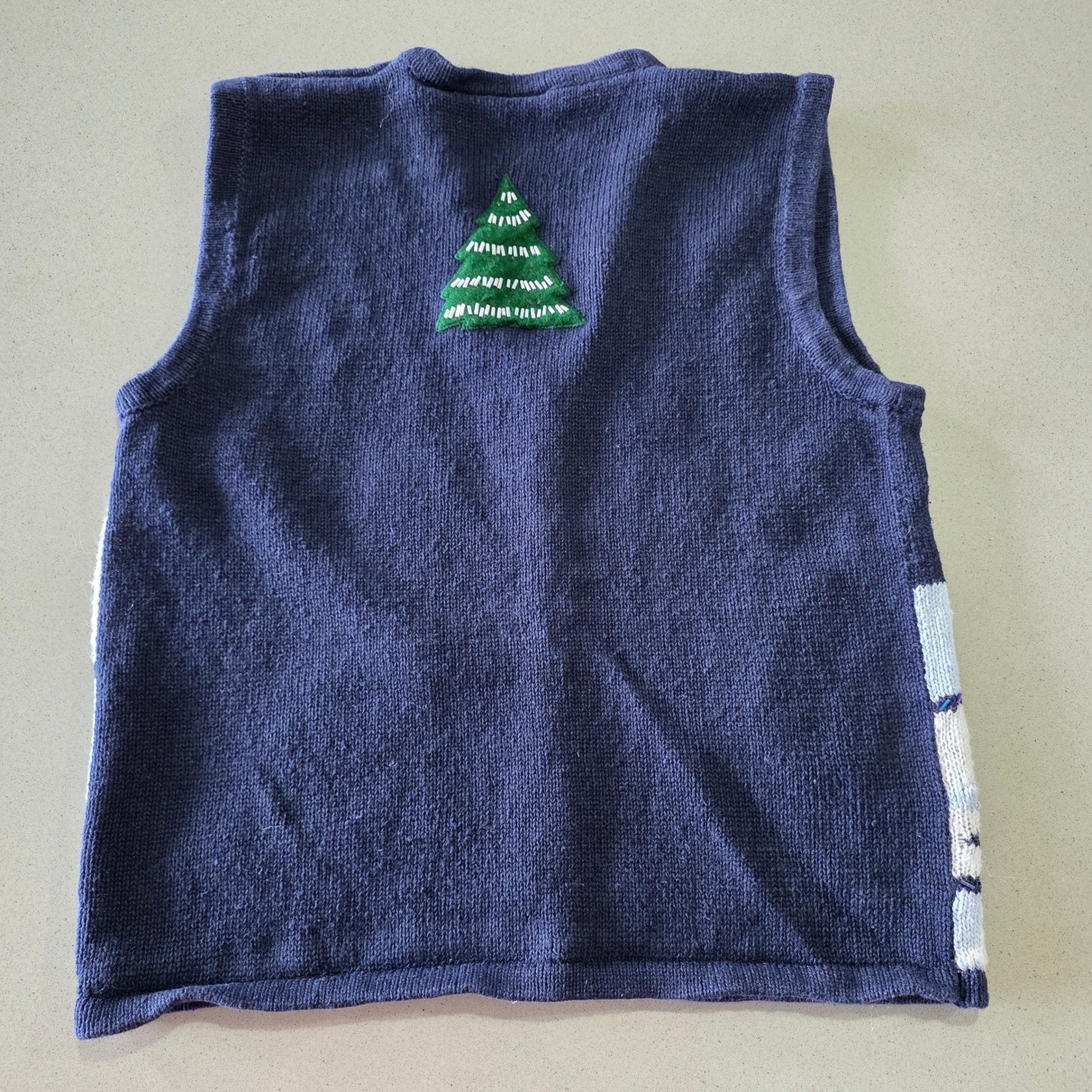 Vintage Winter Skiing Teddy Bear Sweater Vest Navy Blue Beaded Holiday Small