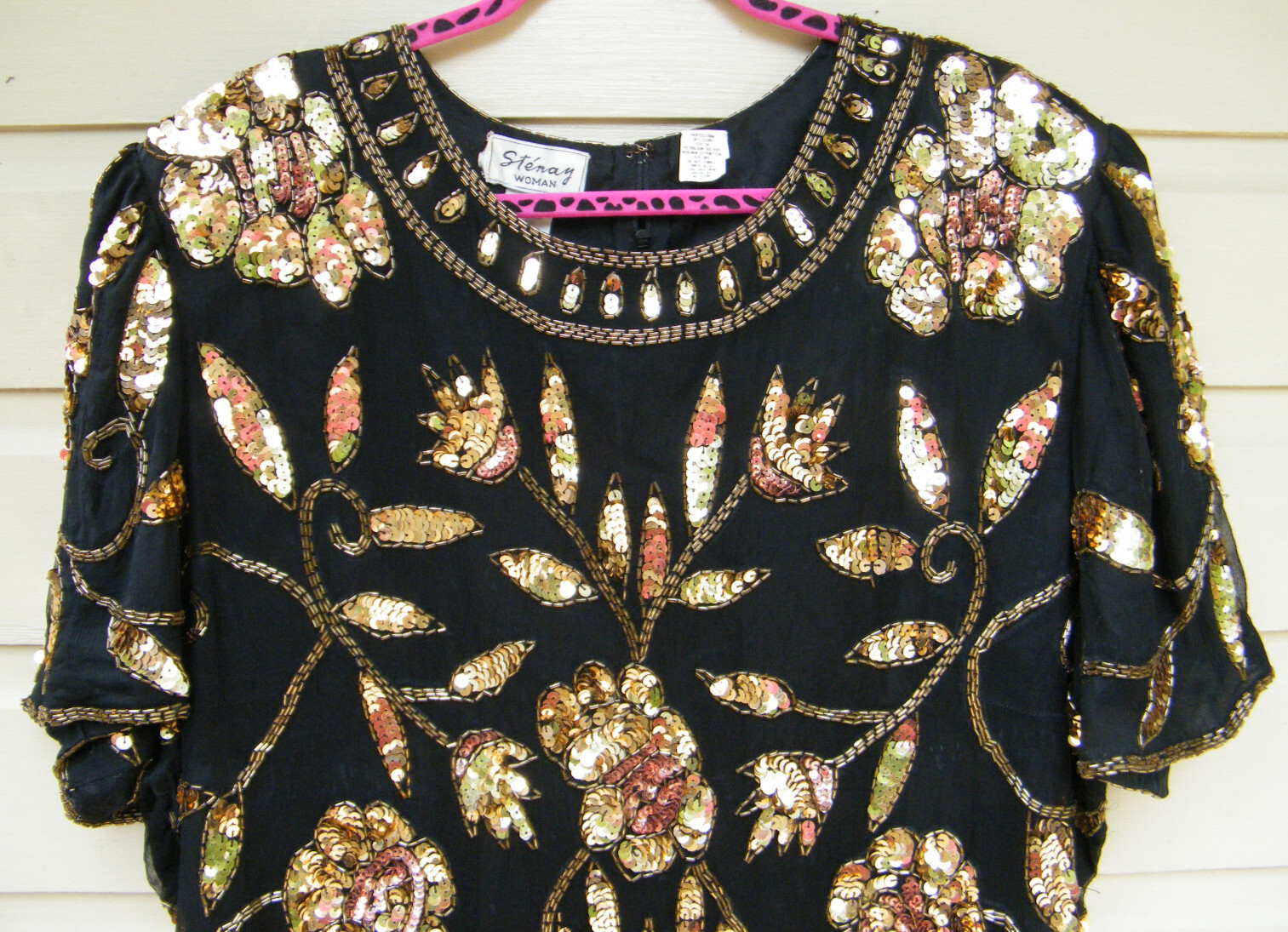 Stenay 100% Silk Black Formal/Evening Blouse w Multi-Color Sequins/Beads Sz 24 W