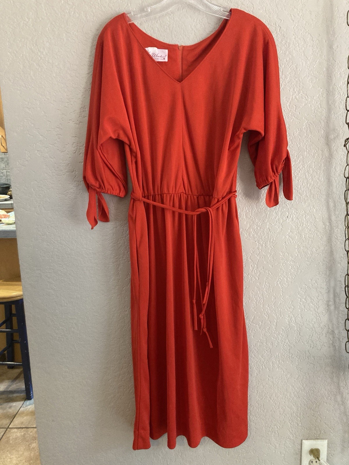 Vintage Kay Windsor Vintage Red Midi Dress Tie Sleeve 1970s Original made in USA