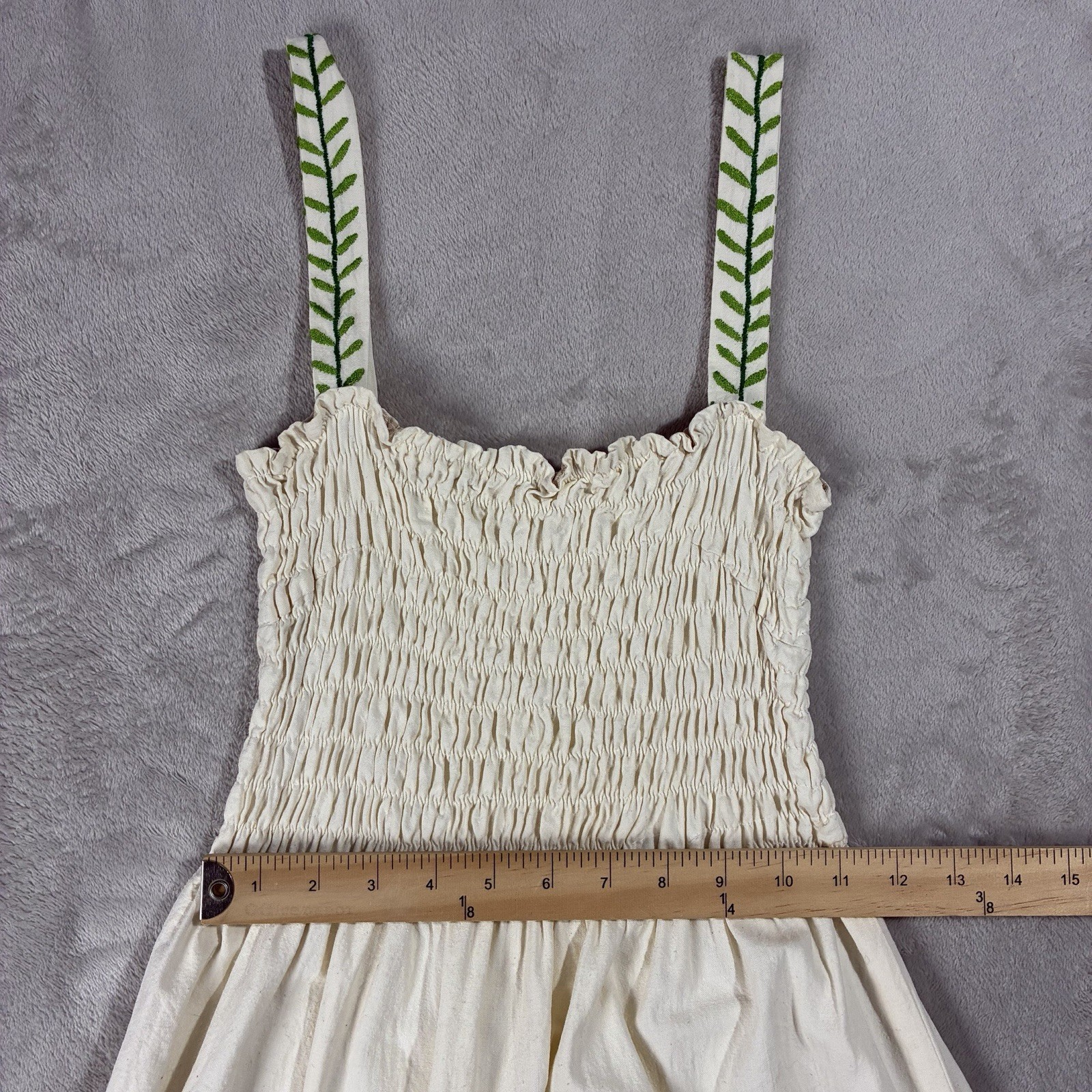 VTG de Jac Bol Cotton Floral Embroidered Smocked Sundress Maxi Ivory Womens S