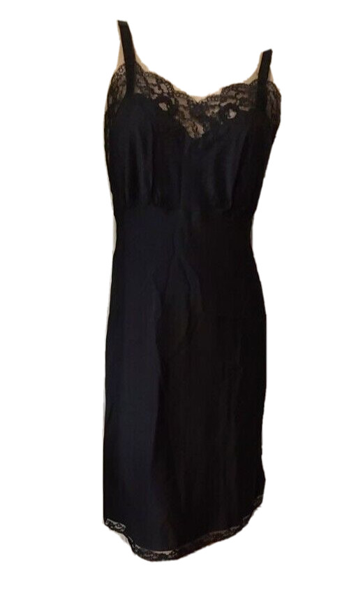 Vintage Barbizon Full Slip BLACK Extoll Crepe Remarque w/ Lace Embroidered Trim